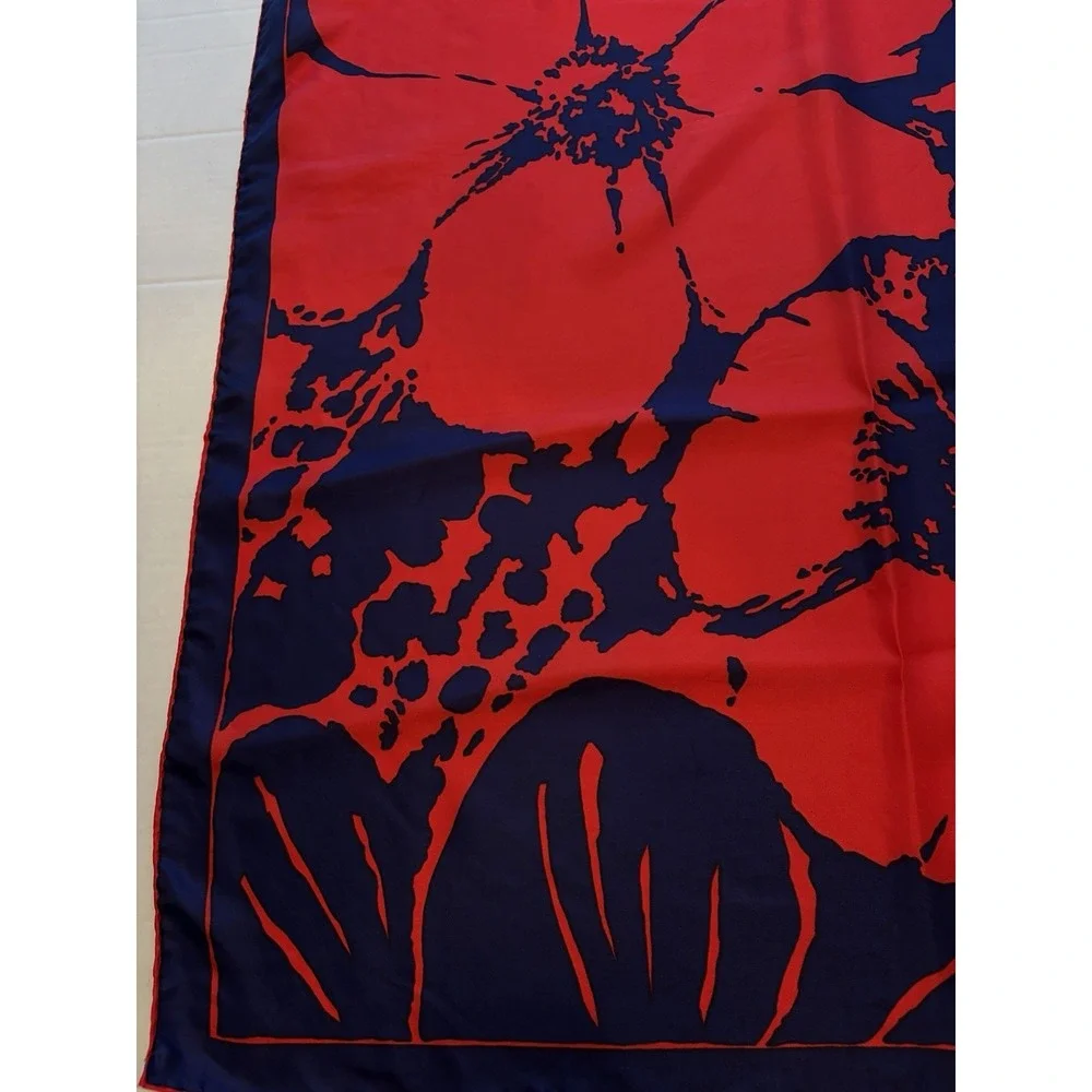 Vintage Silk Rayon Scarf Red Navy Blue Mod Floral Hand Rolled‎ Japan 29